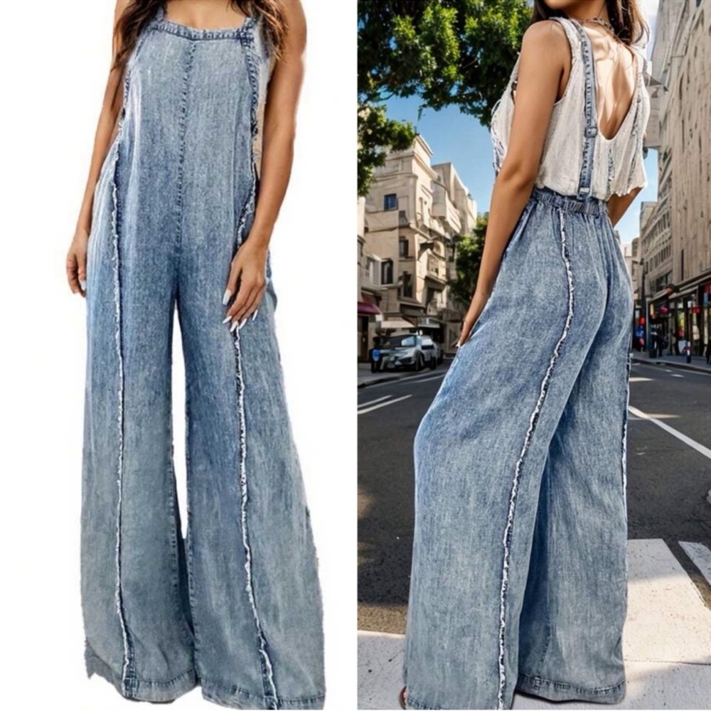 Light wash Denim Frayed Detail wide leg Jumpsuit Overalls - Picture 2 of 4